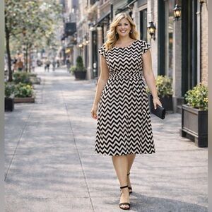 Chadwicks Black White Chevron Fit & Flare Dress Size 16